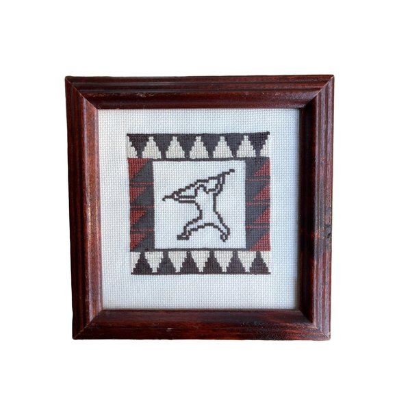 Hawaiian Petroglyphs Spearman Cross Stitch 1991 Hand made Framed 6 x 6 - Picture 1 of 3